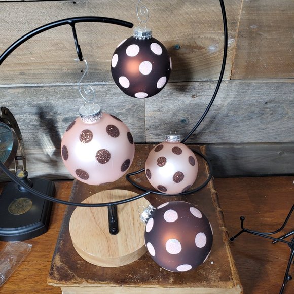 Glass Ball Ornaments - Brown & Pink Polka-Dot Sparkle - Set of 4. - Picture 3 of 4